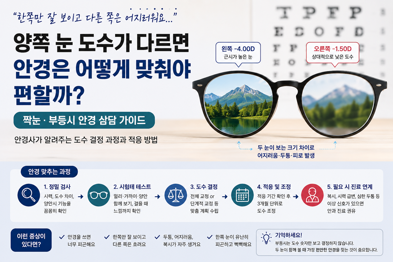 양쪽 눈 도수가 다르면 안경은 어떻게 맞춰야 할까? 짝눈·부등시 적응 기준