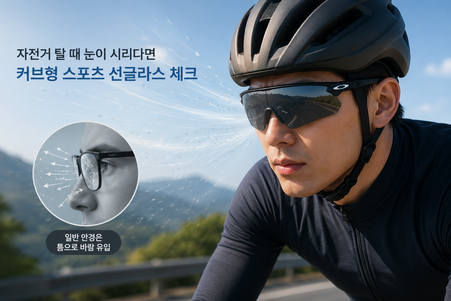 자전거 주행 중 바람과 이물질 유입을 줄이기 위해 커브형 도수 스포츠 선글라스를 착용한 사이클리스트