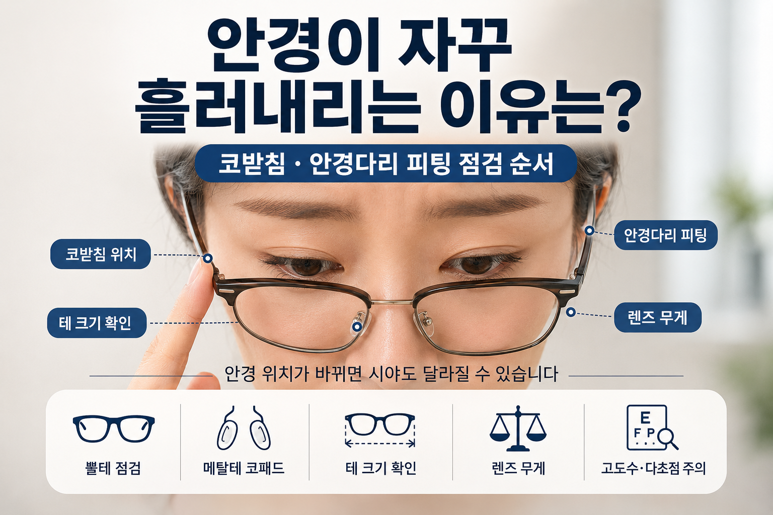 흘러내리는 안경의 코받침과 안경다리 피팅 위치를 설명하는 이미지