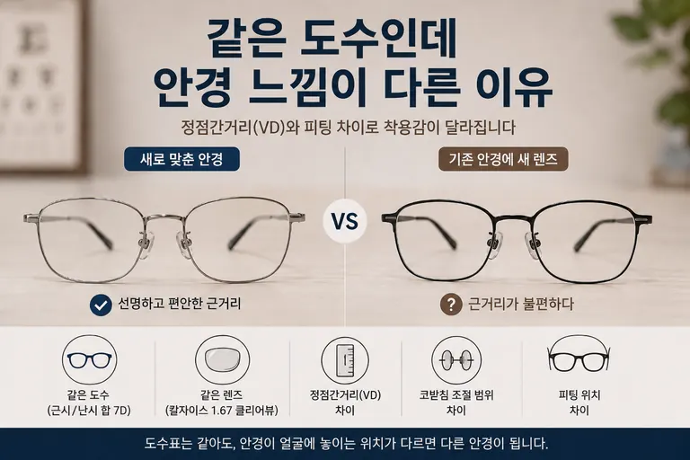 같은 도수와 같은 렌즈인데 기존 안경에서는 근거리가 불편했습니다