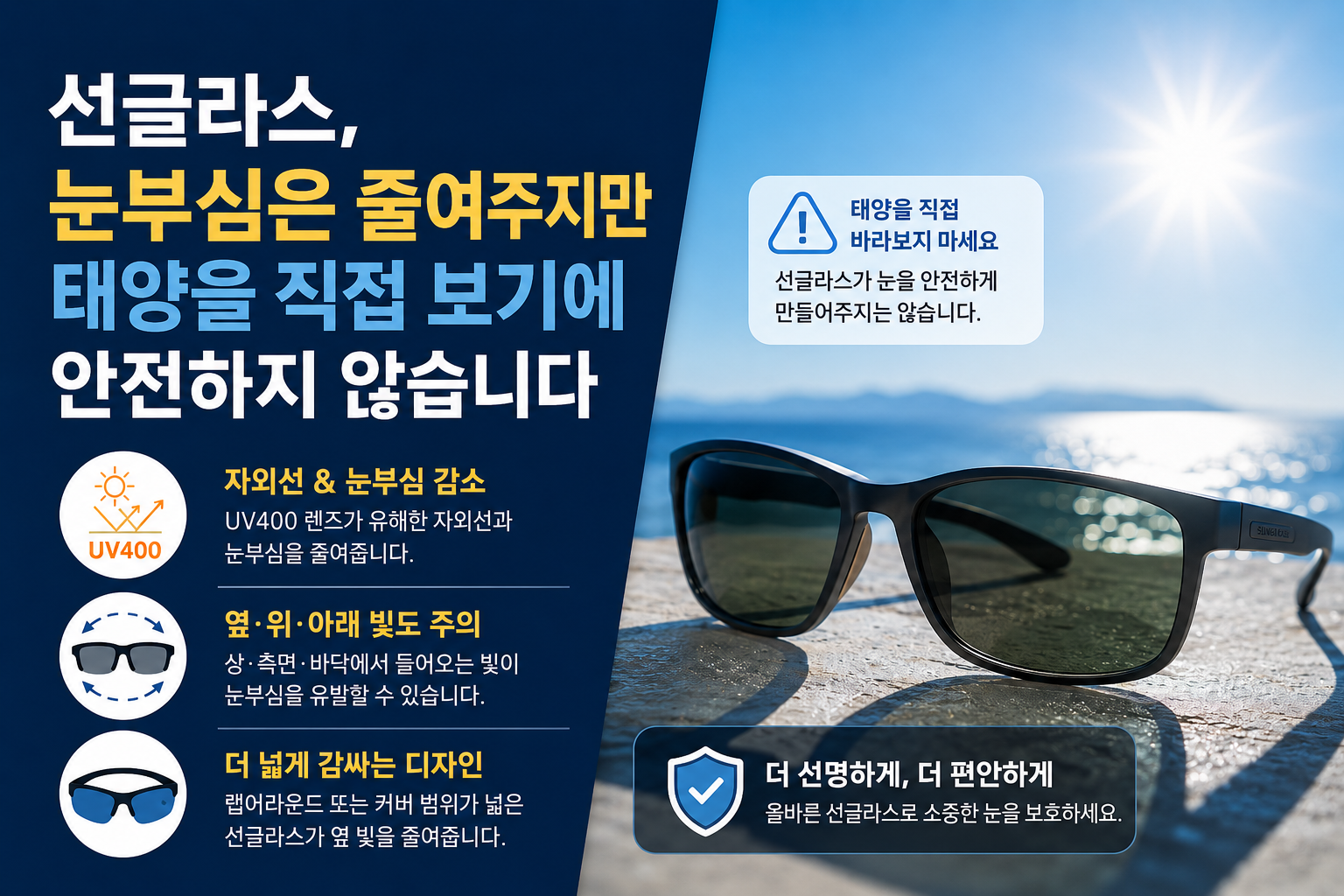 선글라스의 자외선 차단, 렌즈 농도, 커버 범위가 눈부심에 미치는 영향을 설명하는 이미지